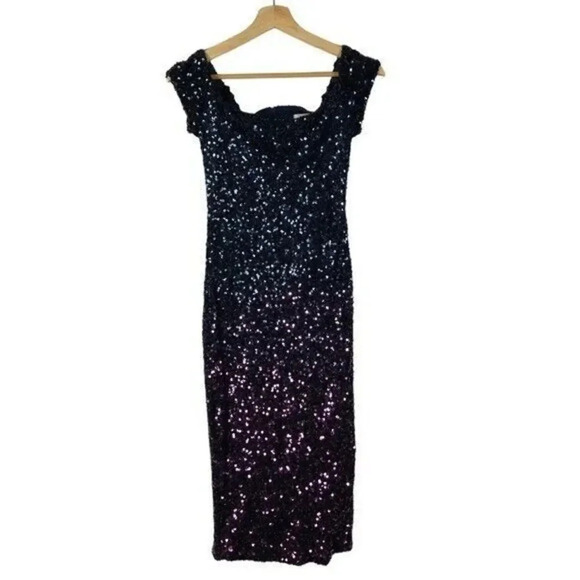 Premier Amour Navy Purple Ombre Sequin Formal Midi Dress 8 - Picture 1 of 3